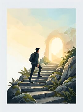 Man with backpack climbing stone stairs toward a glowing archway