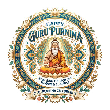 Happy Guru Purnima: Sage Meditating, Lotus Flower, Floral Ornate Emblem, Wisdom