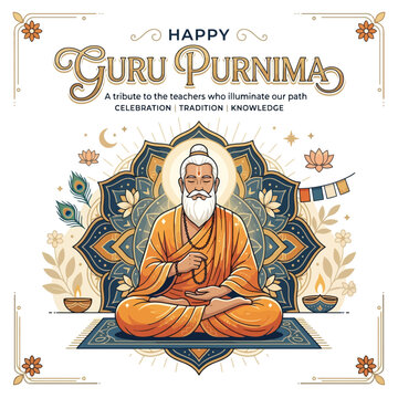 Guru Purnima Celebration: Enlightened Guru Meditating, Spiritual Art