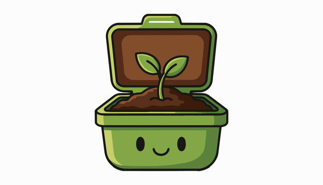 Smiling compost bin with green plant sprout growing from fertile soil
