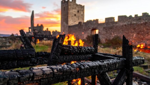 Medieval castle ruins engulfed in flames at sunset, with charred wooden fence in the foreground