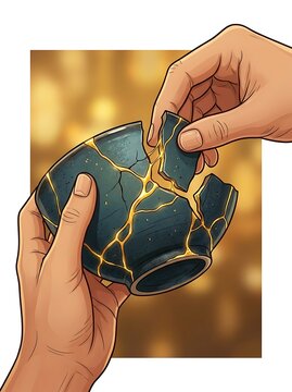 Hands repairing a broken ceramic bowl using kintsugi technique
