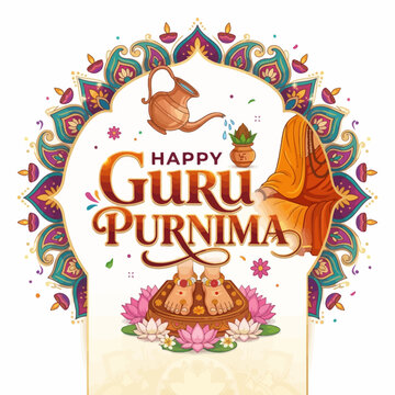 Happy Guru Purnima festival illustration with feet, lotus, watering can and diya lamps.