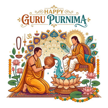Happy Guru Purnima Festival - Guru Blessing Student with Lotus & Peacock