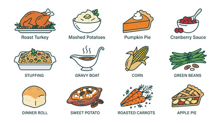 Colorful Illustration of Traditional Thanksgiving Dishes.