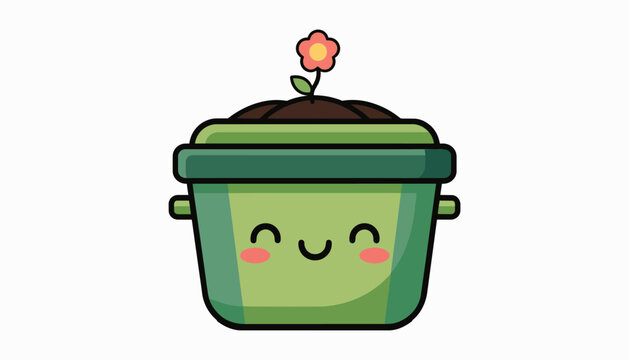 Cute smiling green compost bin with a blooming flower