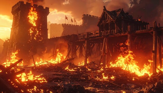 Medieval castle under siege, engulfed in flames and destruction, epic battle scene with burning structures and intense fire