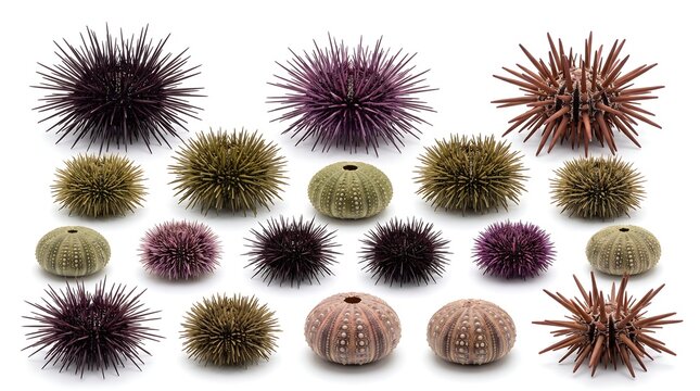 Collection of various sea urchins and tests isolated on white background.