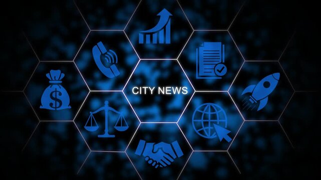 City news digital broadcast background, with animated business, and hexagonal hud, interface