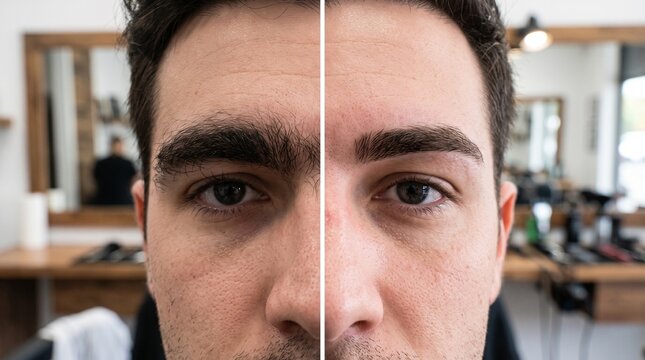Before and after bushy unibrow to cleanly groomed separated eyebrows	