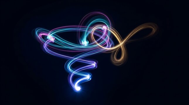 Glowing neon light swirls forming a dynamic tornado on black