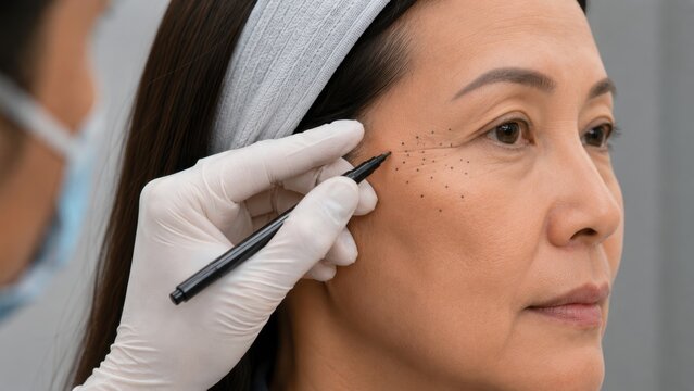 Botox Mapping Doctor Marking Black Injection Dots on Asian Woman Crow's Feet and Lateral Eye Area with Surgical Pen Before Anti Wrinkle Treatment in Aesthetic Clinic