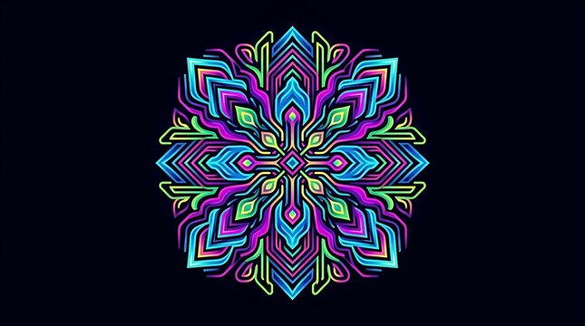 Vibrant neon symmetrical mandala pattern on black background