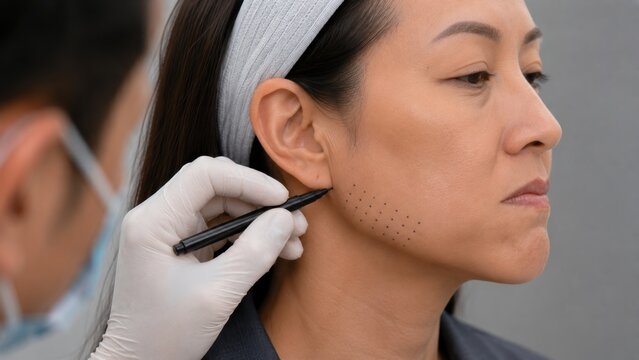 Botox Mapping Doctor Marking Black Injection Dots on Asian Woman Masseter and Jaw Area with Surgical Pen Before Face Slimming and Teeth Grinding Treatment