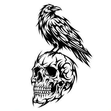 Black and white line art illustration of raven bird perched on human skull, hand drawn tattoo style gothic vector artwork poster design