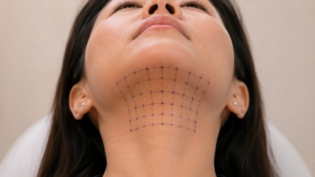 Fat Dissolving Mapping Purple Curved Grid Pattern on Asian Woman Double Chin and Submental Area Head Tilted Back Showing Full Injection Matrix Before Lipolysis
