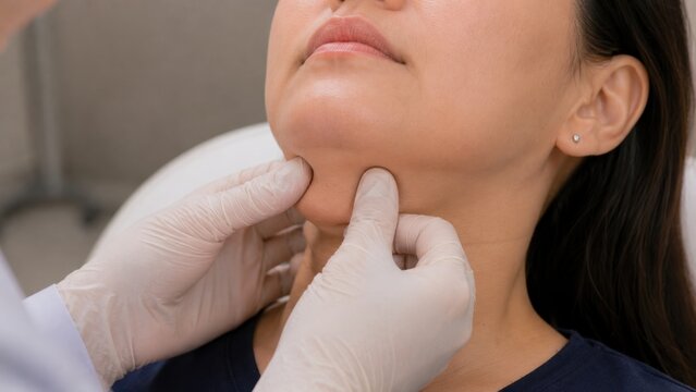 Fat Dissolving Mapping Doctor Pinching and Assessing Submental Fat Under Chin of Asian Woman with Gloved Hands Before Double Chin Treatment in Aesthetic Clinic