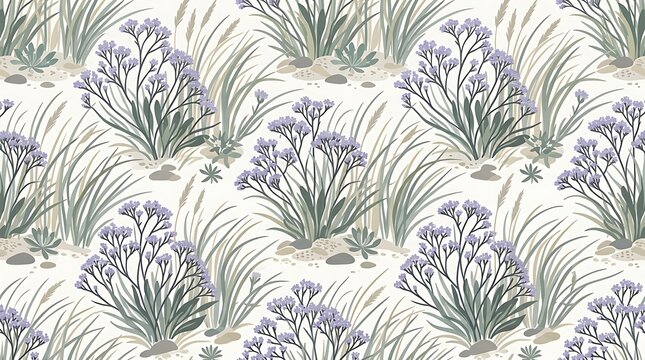 Seamless pattern of purple sea lavender and coastal dune grasses