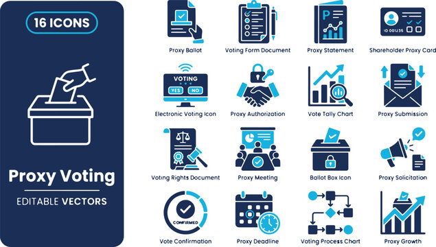 Set of proxy voting and shareholder corporate governance linear icons for business and election processes