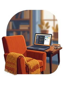 Cozy home office workspace with laptop and armchair