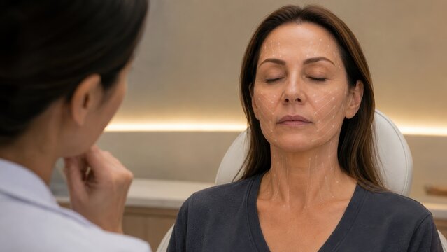 Thread Lift Mapping Full Face Lifting Arrow Lines on Mature Woman Forehead Cheeks Jaw and Neck During Doctor Consultation in Luxury Aesthetic Clinic