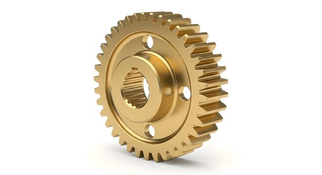 Golden cylindrical spur gear with precision teeth and splined bore: a polished brass‑colored gear wheel features evenly spaced, sharply defined teeth along its outer rim; the central hub includes a sp