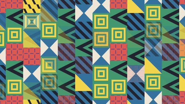 Seamless abstract pattern loop in black, blue, yellow - trendy animated 4K motion background for video editing, social media and presentation