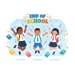 Fototapeta premium Happy diverse students celebrating the end of school year, jumping with joy amidst confetti and school supplies.