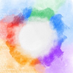 Fototapeta premium Vibrant circular watercolor texture featuring a bright white center surrounded by a beautiful rainbow of soft pastel paint splatters artistic