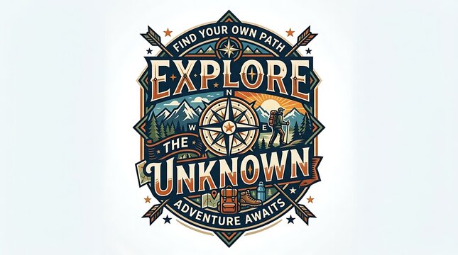 Vintage adventure emblem featuring mountains hiker and compass rose