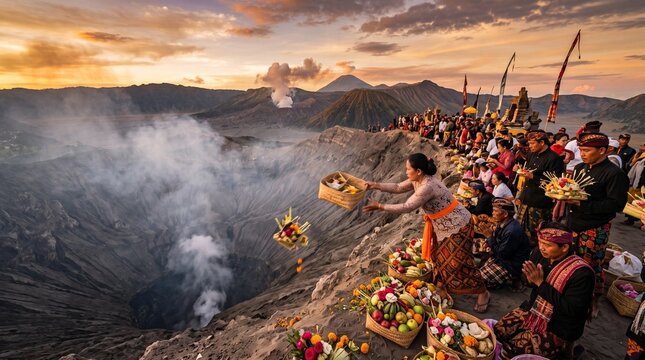 People performing traditional offerings at the rim of Mount Bromo volcano in Indonesia during sunrise.