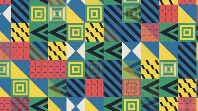 Seamless abstract pattern loop in black, blue, yellow - contemporary animated 4K motion background for video editing, social media and presentation
