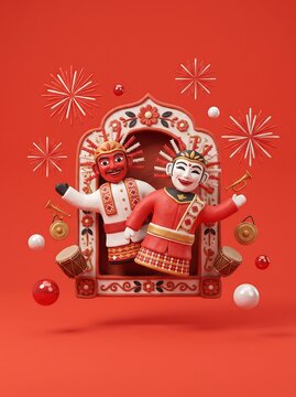 3D Indonesian Independence Day Celebration with Betawi Ondel Ondel Puppets