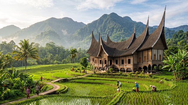 Traditional Minangkabau house with curved roofs in a lush green rice field landscape in Indonesia.