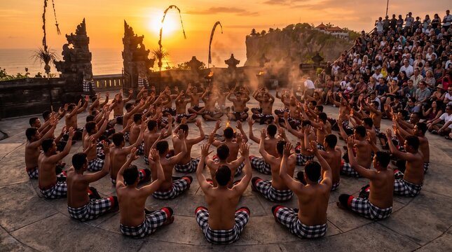 Traditional Kecak fire dance performance at Uluwatu Temple in Bali at sunset.