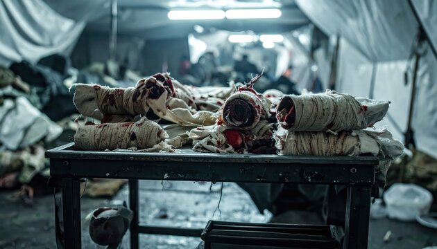 Gruesome medical specimens wrapped in bandages on a table in a dimly lit, war-torn field hospital or makeshift medical tent