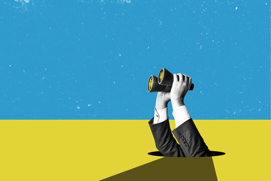 Hands in business attire hold a binoculars, isolated against a flat-design background. Business analytics and strategic thinking.