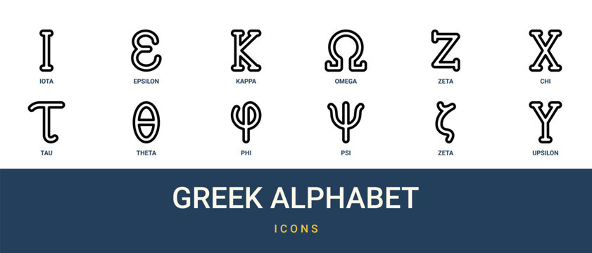 Set of 12 outline web Greek Alphabet icons such as upsilon, zeta, psi, phi, theta, tau, chi vector icons for report, presentation, diagram, web design, mobile app