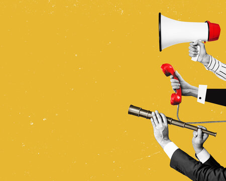 hand holding a megaphone, telescopes and a telephonewith, isolated free flat desigm background. A team seeks contacts, organizes meetings, and makes announcements.