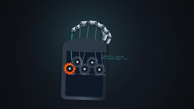 Animation illustrating mechanics of a robotic hand with moving gears and mathematical formulas for flexion and tension