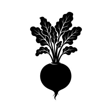 Minimalist black silhouette of a beetroot with leafy tops. Ideal for organic farming logos, healthy food icons, vegetarian graphics, and root vegetable designs.