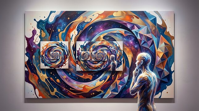 Man contemplating recursive abstract painting in art gallery
