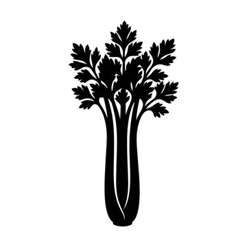 Detailed black silhouette of a celery stalk with leaves. Perfect for vegan nutrition icons, healthy lifestyle graphics, green juice designs, and vegetable illustrations.