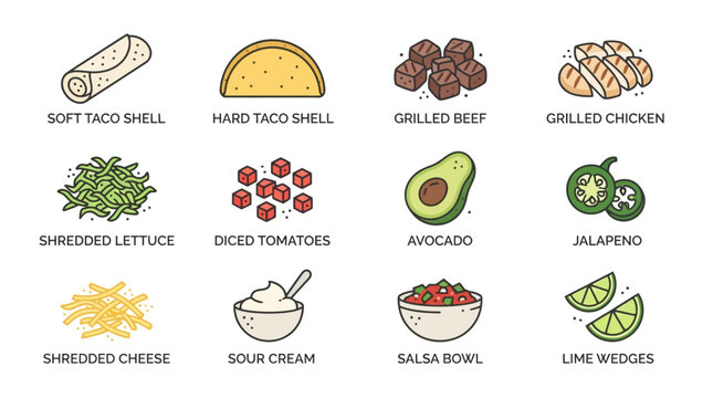 Colorful Mexican Food Ingredients Illustration Set.