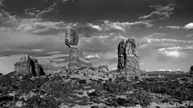 Film noir style black and white video of Arches National park , Utah, USA 