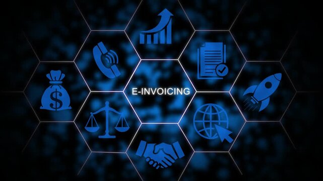 E-invoicing digital concept with hexagonal infographic and financial growth symbols electronic billing