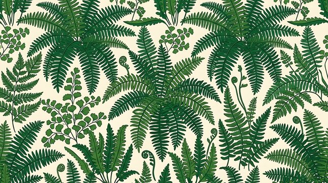 Seamless pattern of lush green fern leaves on a cream background