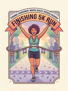 Joyful woman crossing the finish line of a 5k run