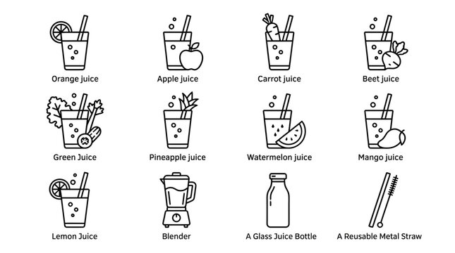 Colorful juice and smoothie icons with blender and bottle.