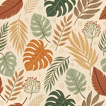 Seamless tropical botanical repeat pattern in earth tones